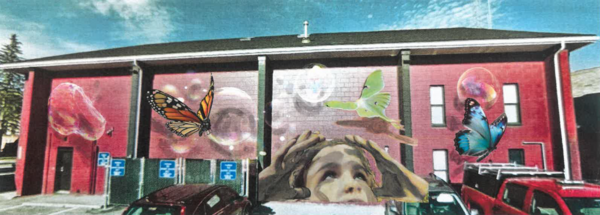 Mural concept with a person, butterflies, and bubbles.