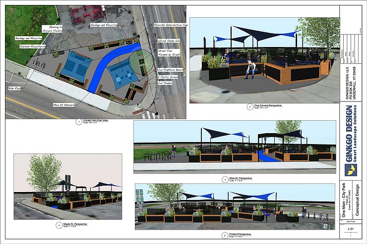 Conceptual design plan document showing location of shade sails and park furniture
