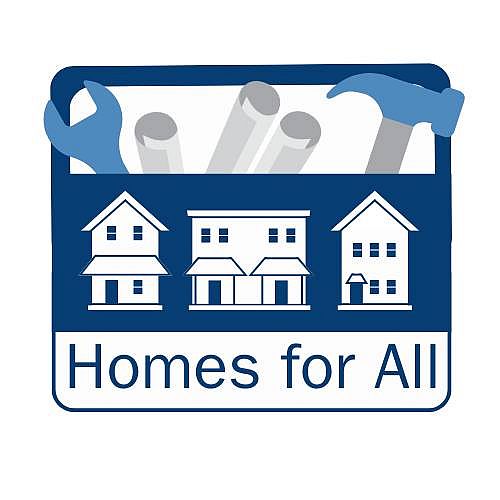 text graphic that says Homes for all with blue houses