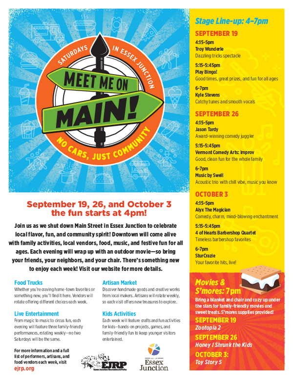 Flyer for Meet Me On Main with information listed in the story