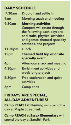 DAILY SCHEDULE 7:30am Drop off and settle in 9am Morning snack and meeting 9:30am Morning activities Campers will rotate through the following each day: arts and crafts, physical activities and games, themed specialty activities, and projects 11:30pm Lunch 12pm Themed field trip or onsite specialty event 4pm Afternoon snack and meeting 4:30pm Enrichment activities and week long projects 5:30pm Free exploration and quiet activities 6pm Camp ends FRIDAYS ARE SPECIAL, ALL-DAY ADVENTURES! Camp REACH at Fleming will spend the day at Maple Street Park Camp REACH at Essex Elementary will spend the day at Sandhill Park.