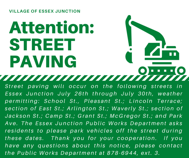 NOTICE Village Street Paving City of Essex Junction, Vermont