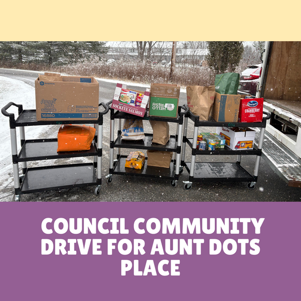 graphic that says Council Community Drive for Aunt Dots place with an image of the items donated