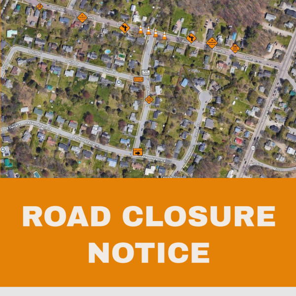Text graphic that says “Road Construction Notice” and has a arial view of where the road construction will take place