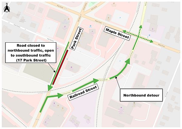 map of road closure on Park Street with detour