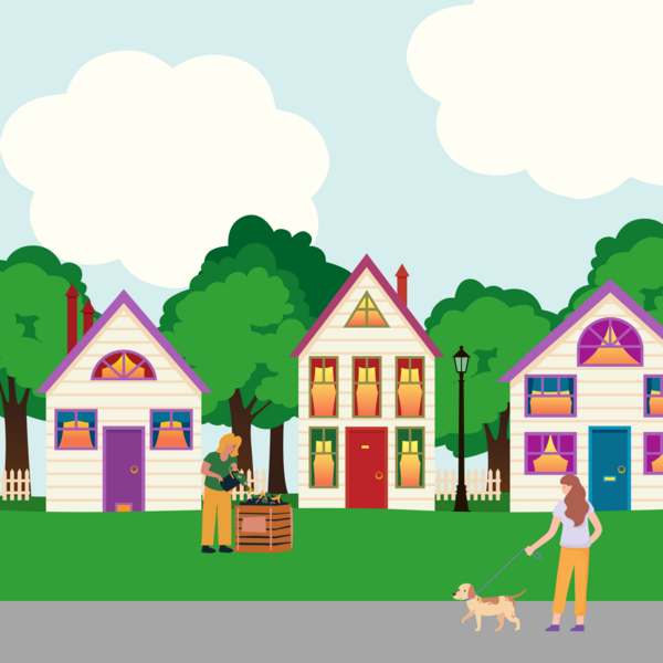 Image of neighborhood with people composting and walking a dog
