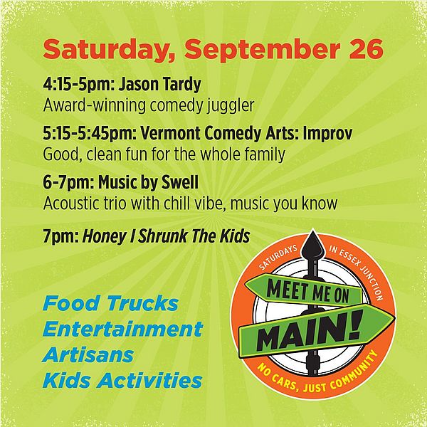 Text graphic with the date of the event and the entertainment lineup listed in the story with the Meet Me On Main logo.