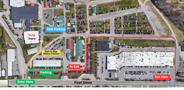 Map of the fairgrounds with directions on where to park and enter and exit the fairgrounds.