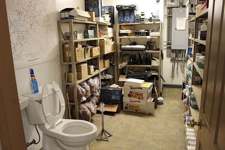 Public Works Facility bathroom and storage room.