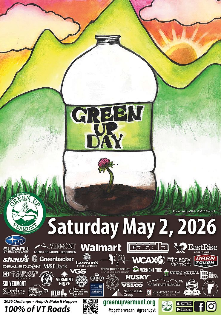 Green Up Day poster with a drawing of mountains and a plastic bottle growing a flower.