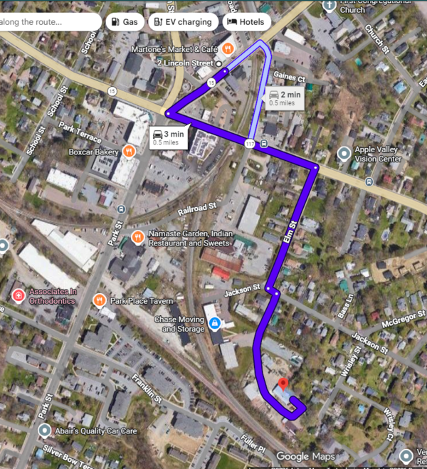 Google map of directions from the City Offices at 2 Lincoln to the Public Works Facility at 11 Jackson St.
