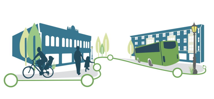 Logo featuring a stylized transit route symbol, a bus, a person riding a bicycle and people walking in the City