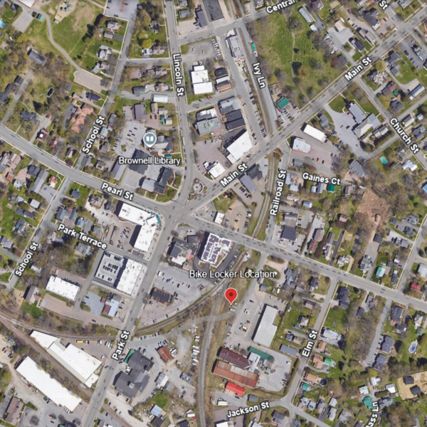 Map of Essex Junction with a marker for the Bike lockers