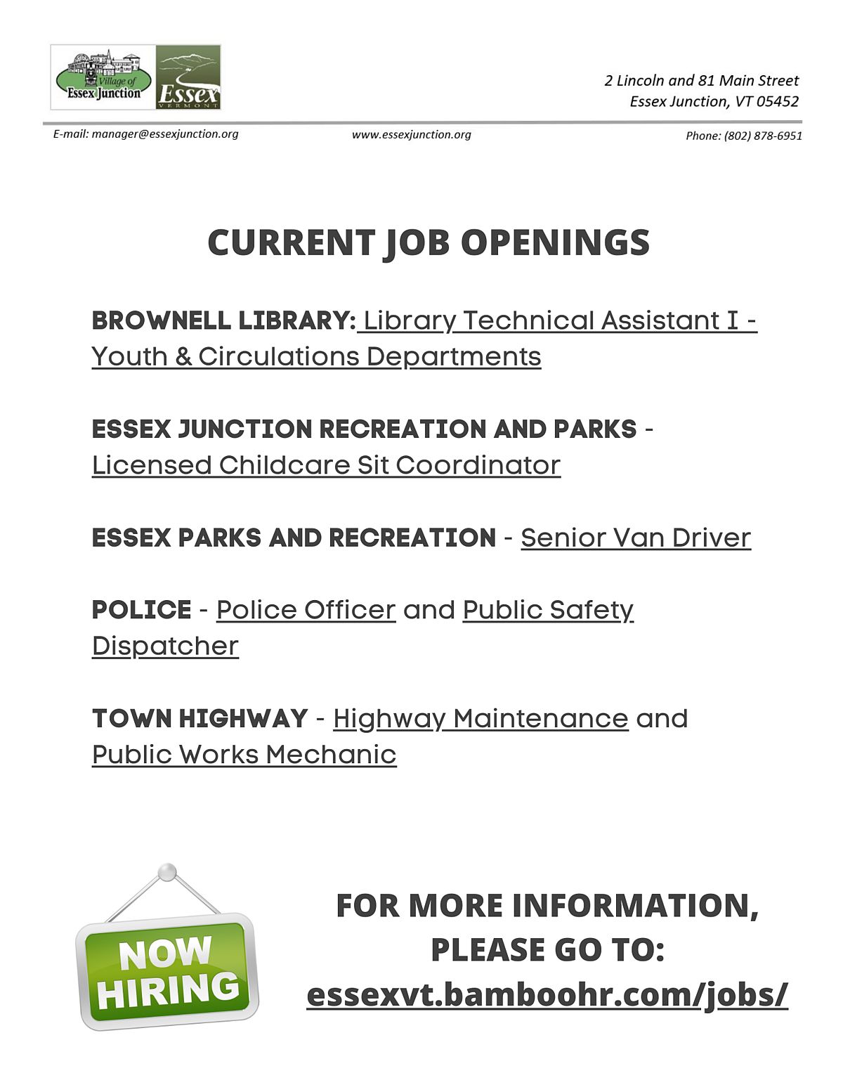 Current Job Postings for Town of Essex and Village of Essex Junction