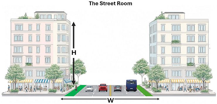 illustration of typical street cross section and the relationship between building height and width